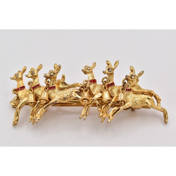 Vintage Christmas Hair Clip Reindeer Gold Red Enamel Bells Dangle Holiday 1980s - Picture 1 of 12